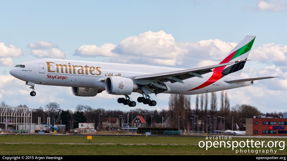 A6-EFO - Emirates Boeing 777-F1H at Schiphol Airport (AMS/EHAM) taken by Arjen Veeninga | openspotter.org | ID: 38659