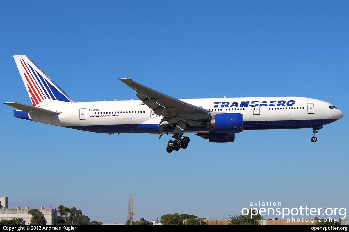 EI-UNX - Transaero Airlines Boeing 777-222(ER) at Miami International Airport (MIA/KMIA) taken by Andreas Kügler | openspotter.org | ID: 4874