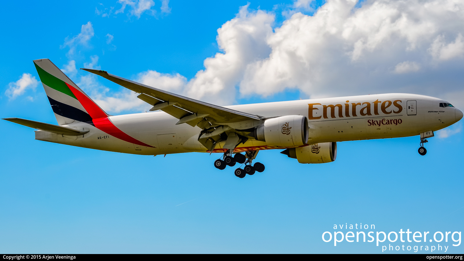 A6-EFI - Emirates Boeing 777-F1H at Schiphol Airport (AMS/EHAM) taken by Arjen Veeninga | openspotter.org | ID: 90165