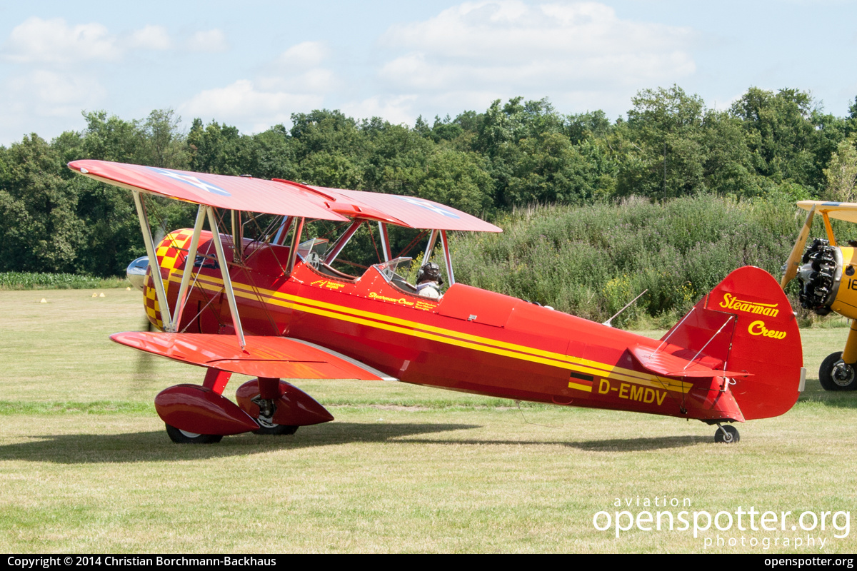 D-EMDV - Private / Untitled Boeing N2S-2/R985 Kaydet (B75) at Flugplatz Bienenfarm (EDOI) taken by Christian Borchmann-Backhaus | openspotter.org | ID: 41523