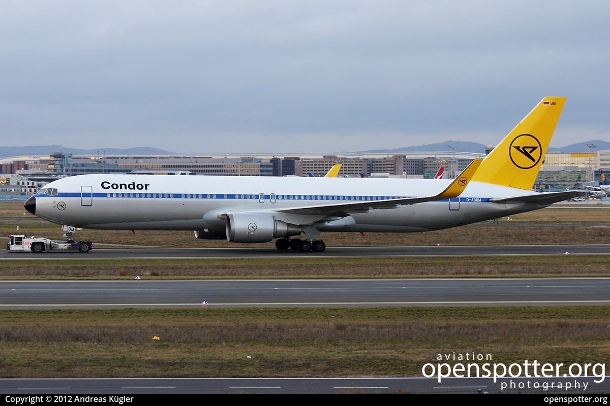 D-ABUM - Condor Boeing 767-31B(ER) at Frankfurt International Airport (FRA/EDDF) taken by Andreas Kügler | openspotter.org | ID: 5412
