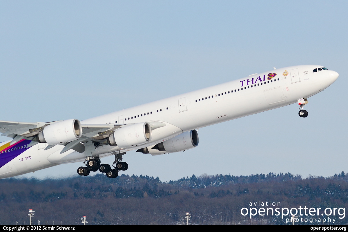 HS-TND - Thai Airways International Airbus A340-642 at Zurich International Airport (ZRH/LSZH) taken by Samir Schwarz | openspotter.org | ID: 3973