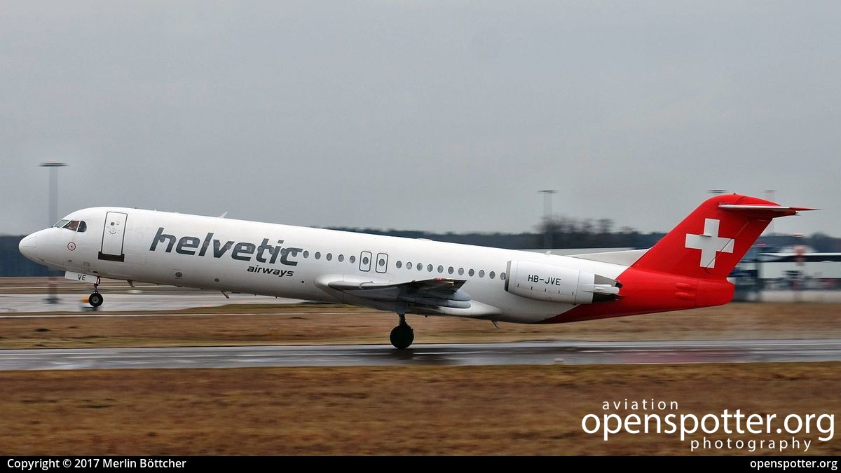 HB-JVE - Helvetic Airways Fokker F100 at Hanover-Langenhagen Airport (HAJ/EDDV) taken by Merlin Böttcher | openspotter.org | ID: 37860