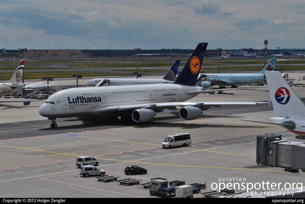 D-AIME - Lufthansa Airbus A380-841 at Frankfurt International Airport (FRA/EDDF) taken by Holger Zengler | openspotter.org | ID: 11102