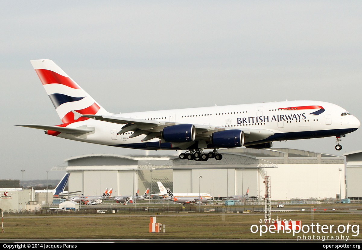 G-XLED - British Airways Airbus A380-841 at Toulouse Blagnac International Airport (TLS/LFBO) taken by Jacques Panas | openspotter.org | ID: 13851