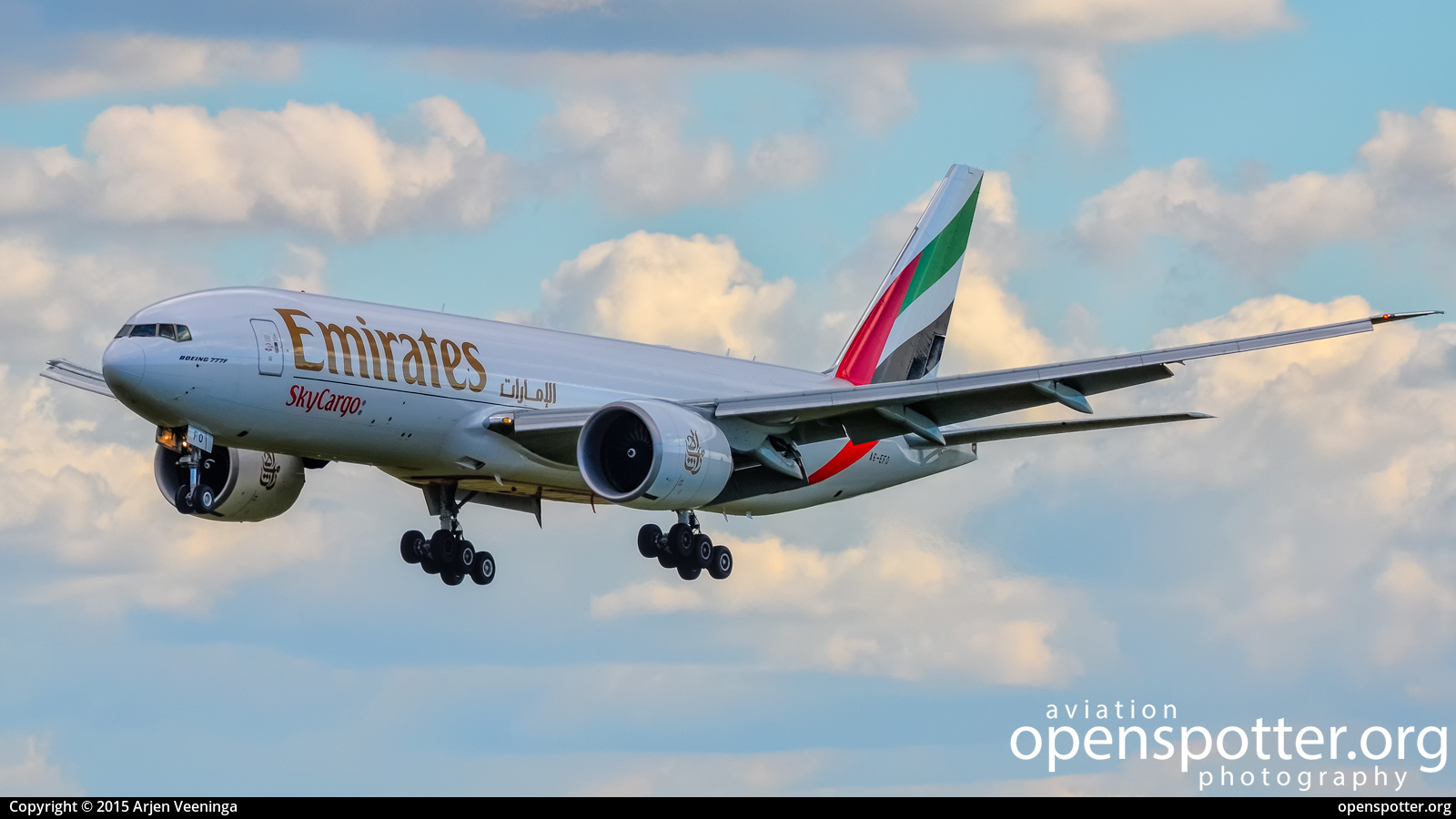 A6-EFO - Emirates Boeing 777-F1H at Schiphol Airport (AMS/EHAM) taken by Arjen Veeninga | openspotter.org | ID: 90166