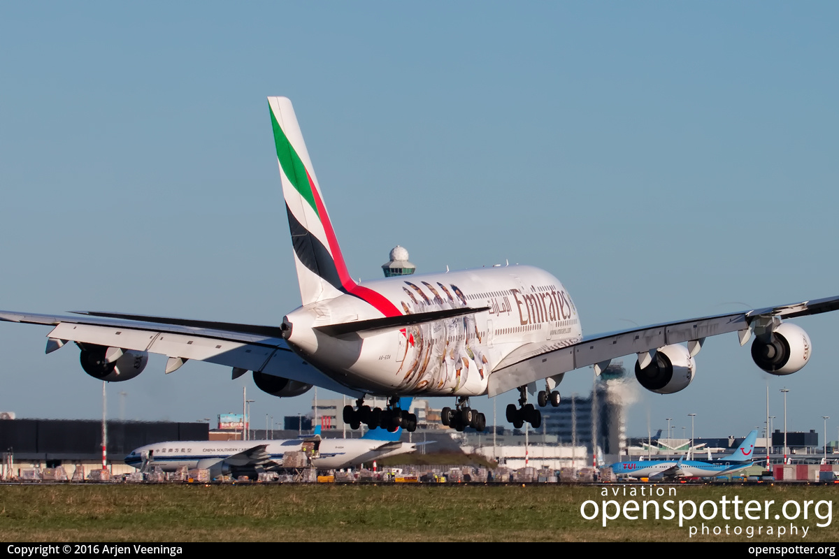 A6-EOA - Emirates Airbus A380-861 at Schiphol Airport (AMS/EHAM) taken by Arjen Veeninga | openspotter.org | ID: 38662