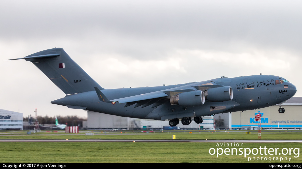 A7-MAM - Qatar Emiri Air Force Boeing C-17A Globemaster III at Schiphol Airport (AMS/EHAM) taken by Arjen Veeninga | openspotter.org | ID: 49891